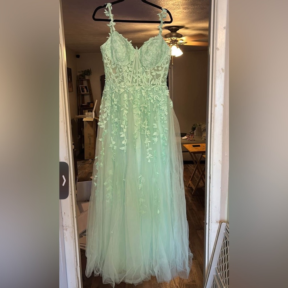 Elegant Mint Green Lace Gown